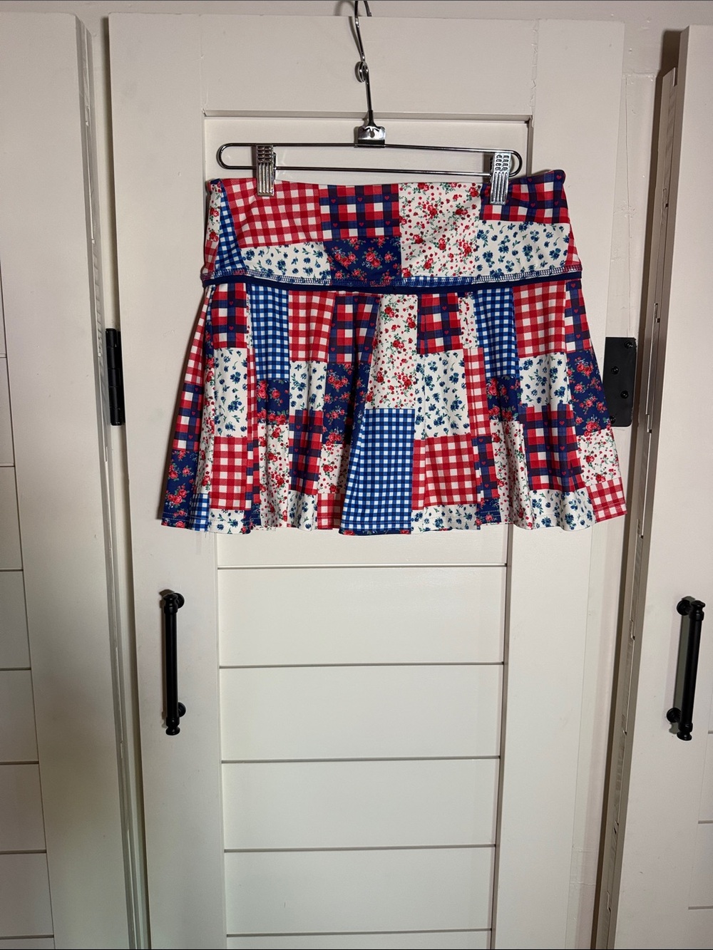 Peach Love California Patchwork Plaid Pleated Mini Skort- Red, Blue & White